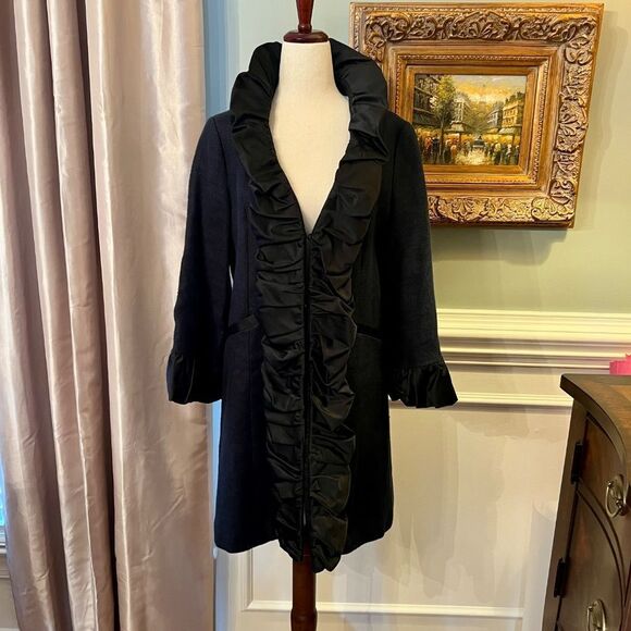 NWOT Nanette Lepore Vivaldi Linen Coat w/ Satin Ruffle in Black Size 8 - Picture 1 of 8